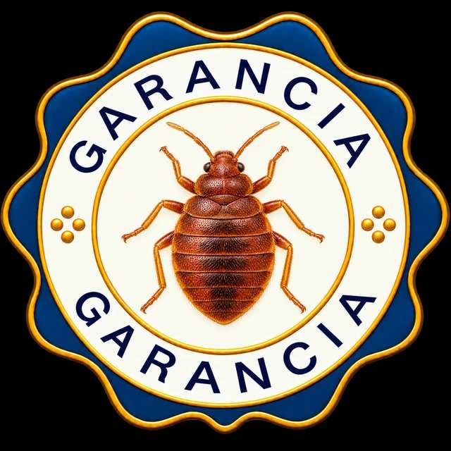 Garancia feliratú kék-arany pecsét ágyi poloska illusztrációjával.